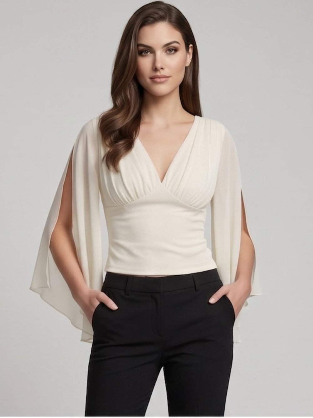 Ruched Bustier Blouse with Chiffon Cutout Sleeves in Beige